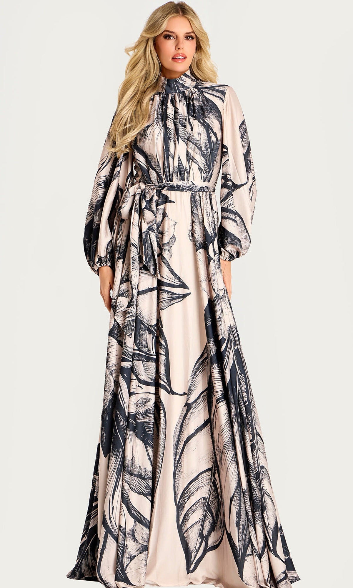 Jovani 49500 - Floral Print A-Line Evening Gown with Sash Belt - Print - Main