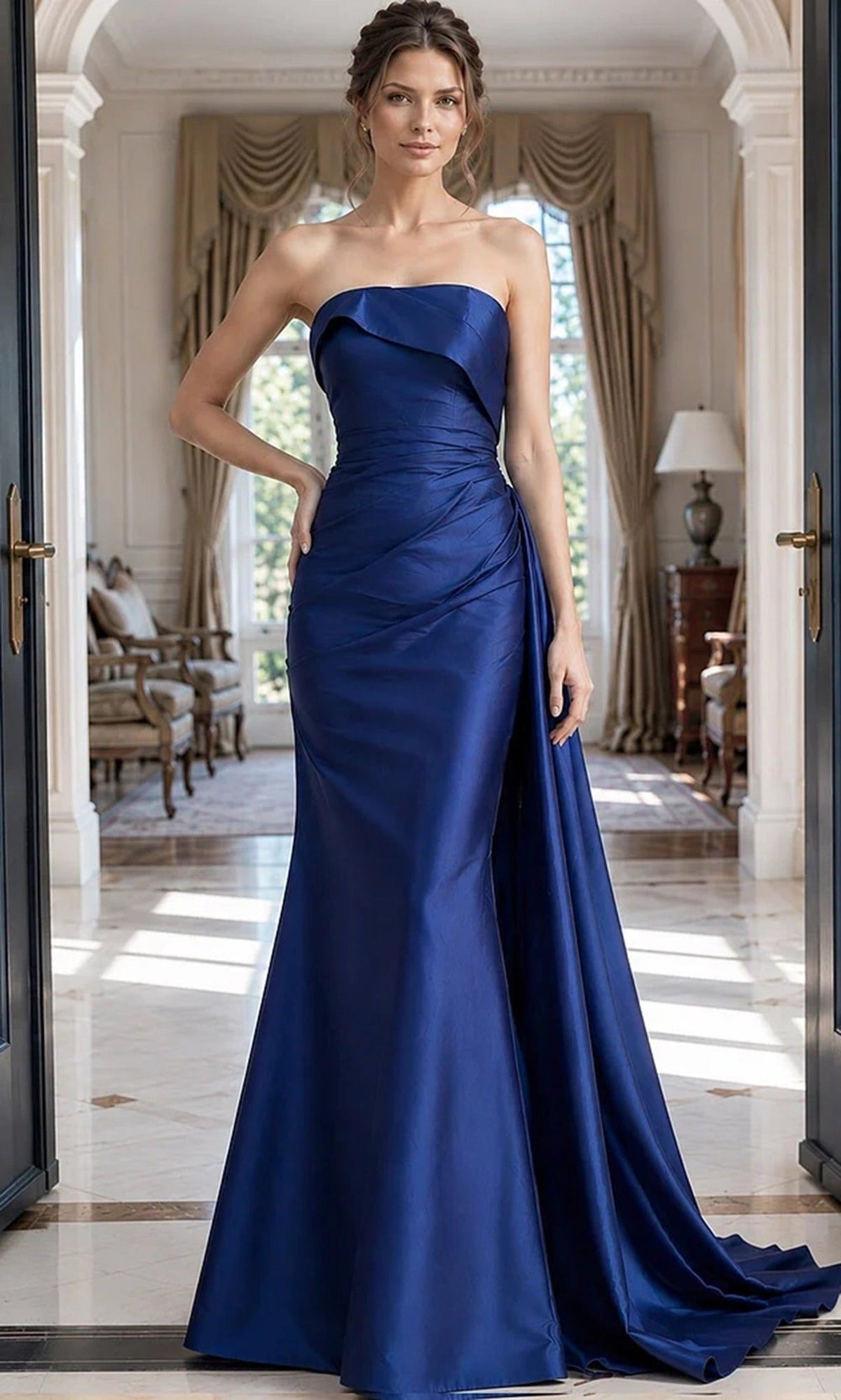 Jovani 49509 Strapless Drape Satin Dress - Navy - Main