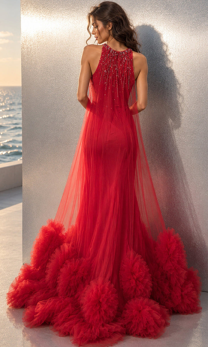 Jovani 49540 Beaded Halter Feather Hem Dress