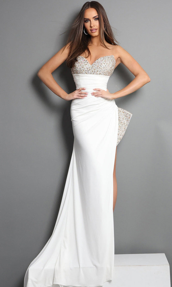 Jovani 49577 Strapless Beaded Bodice High Slit Dress - Off-White - Main