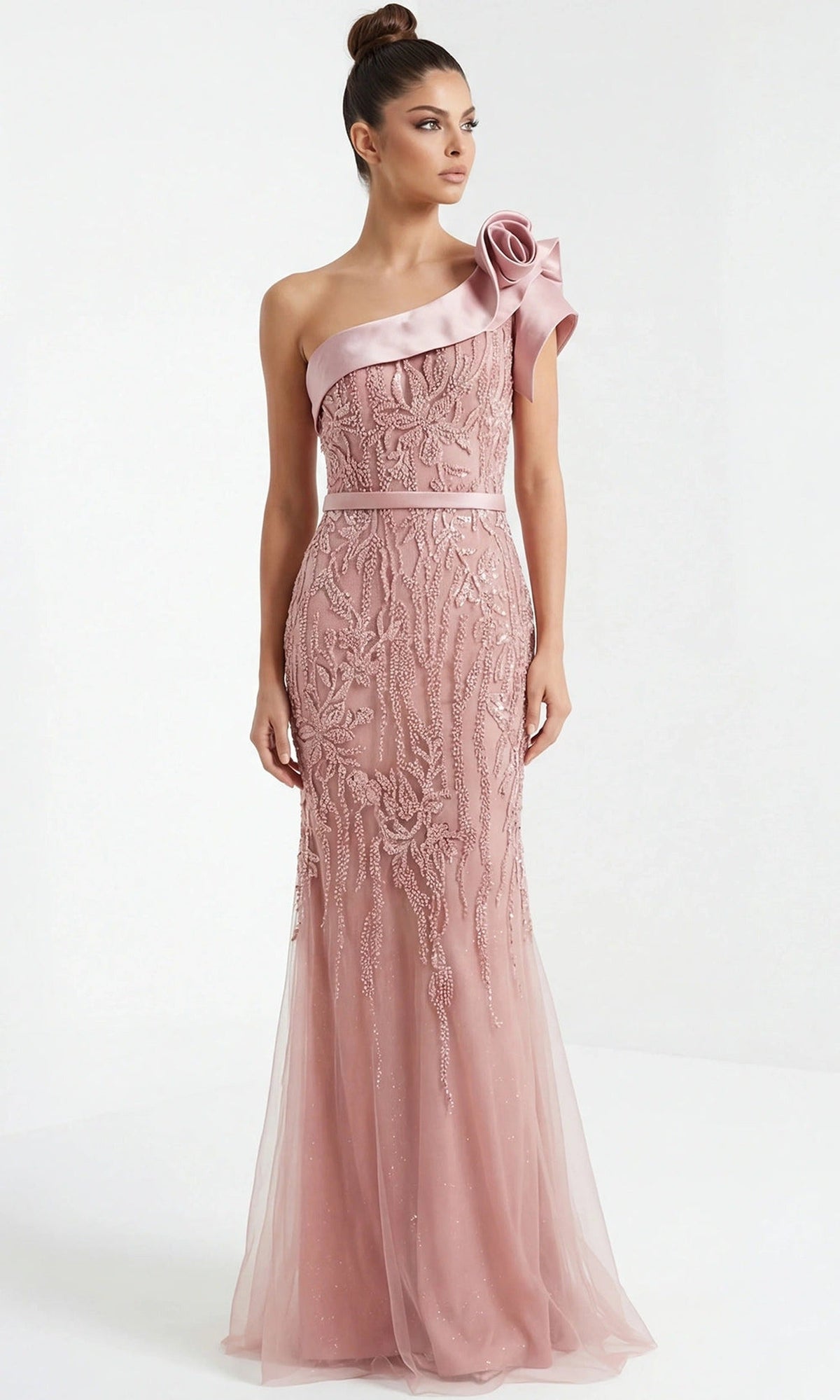 Jovani 49732 - Beaded Lace One Shoulder Fitted Gown - Mauve - Main