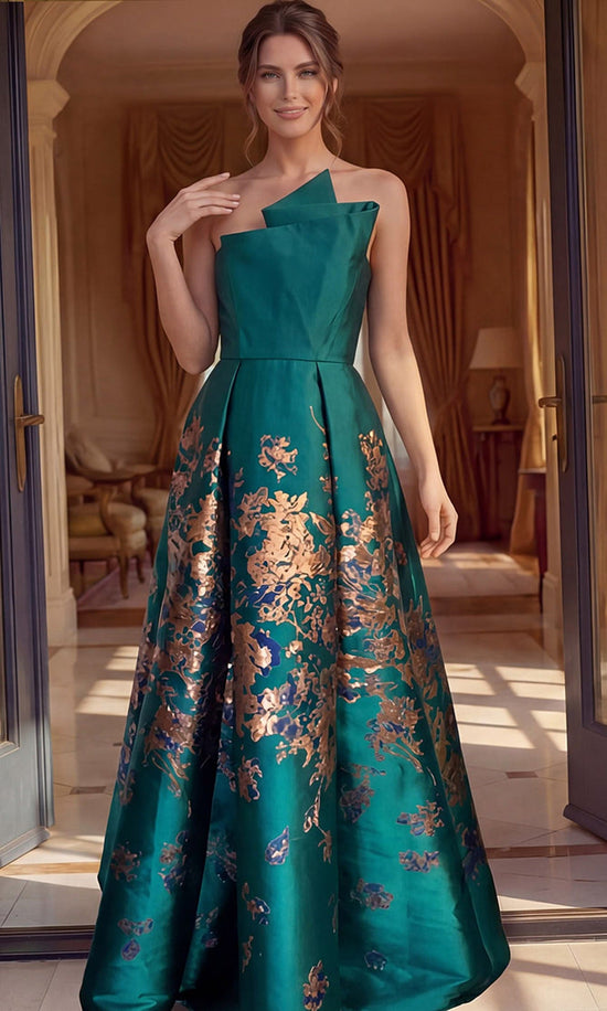 Jovani 49851 Floral Textured Brocade Dress - Emerald - Main