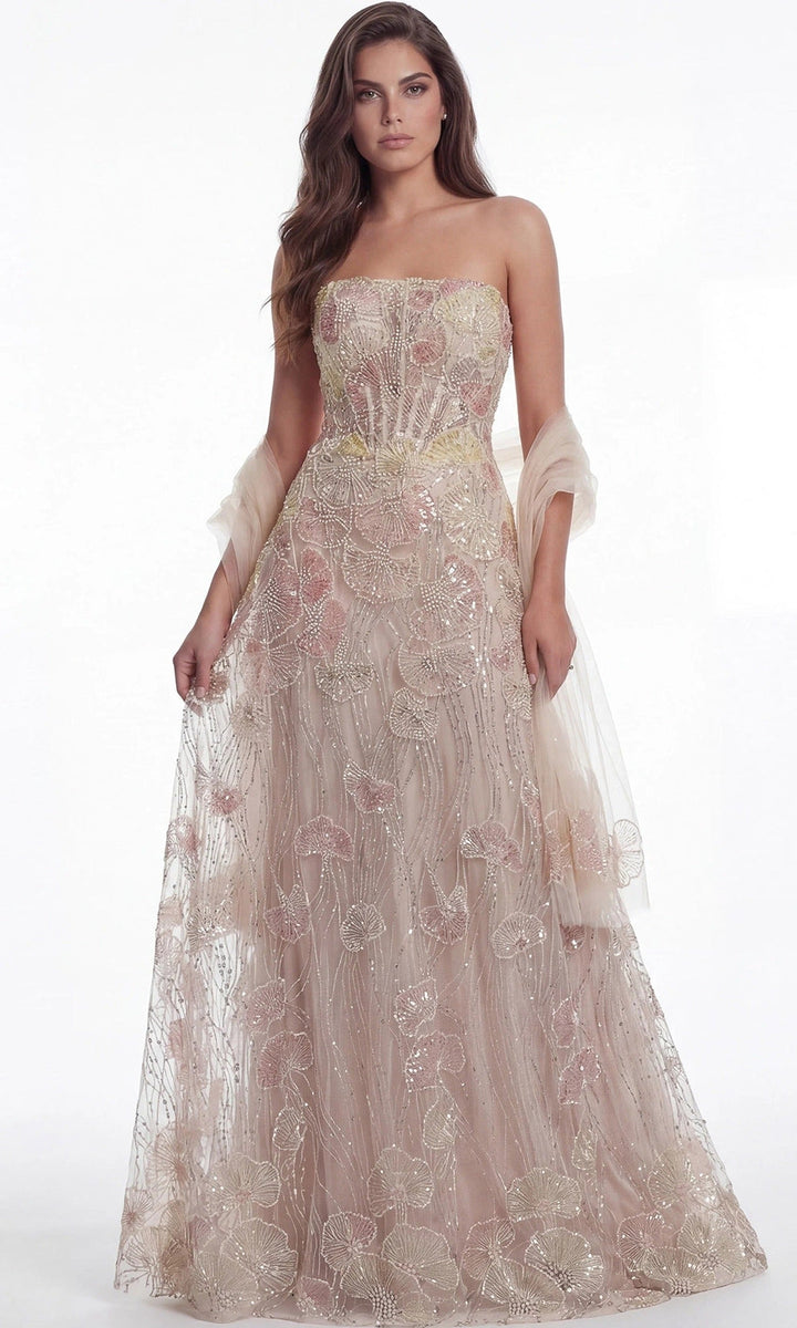 Jovani 49882 - Strapless Floral Embellished A-Line Gown - Peach Multi - Main