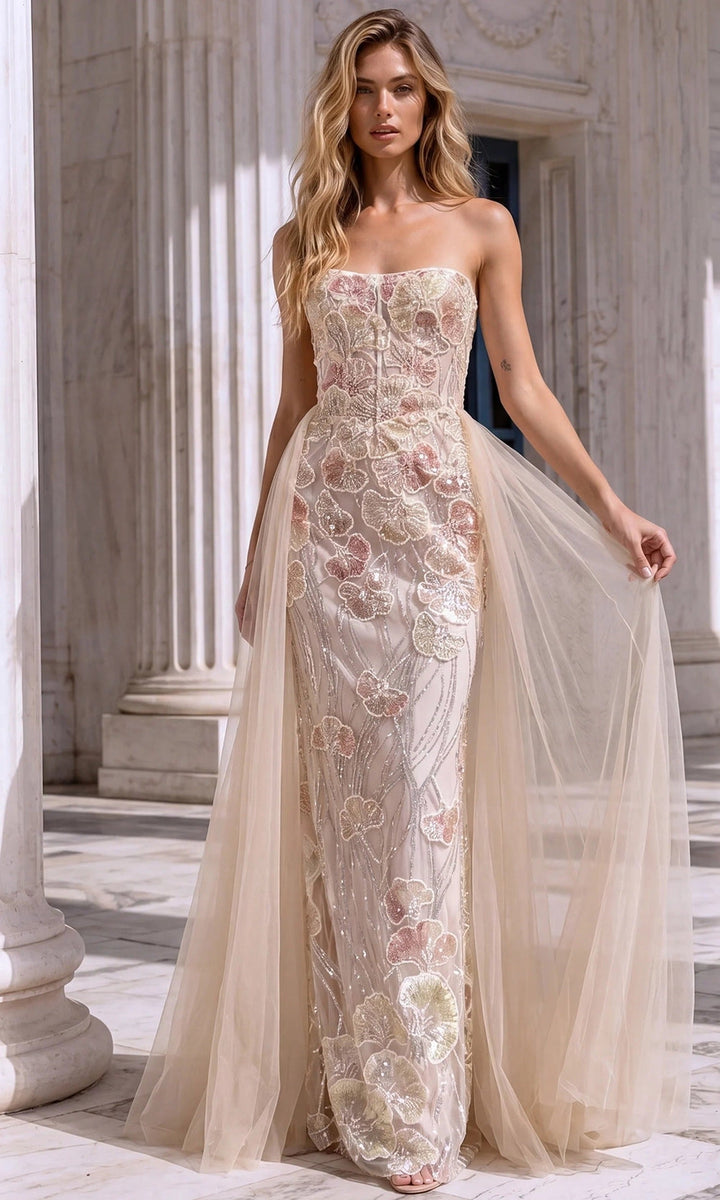 Jovani 49883 Strapless Floral Embroidery Fitted Dress - Champagne - Main