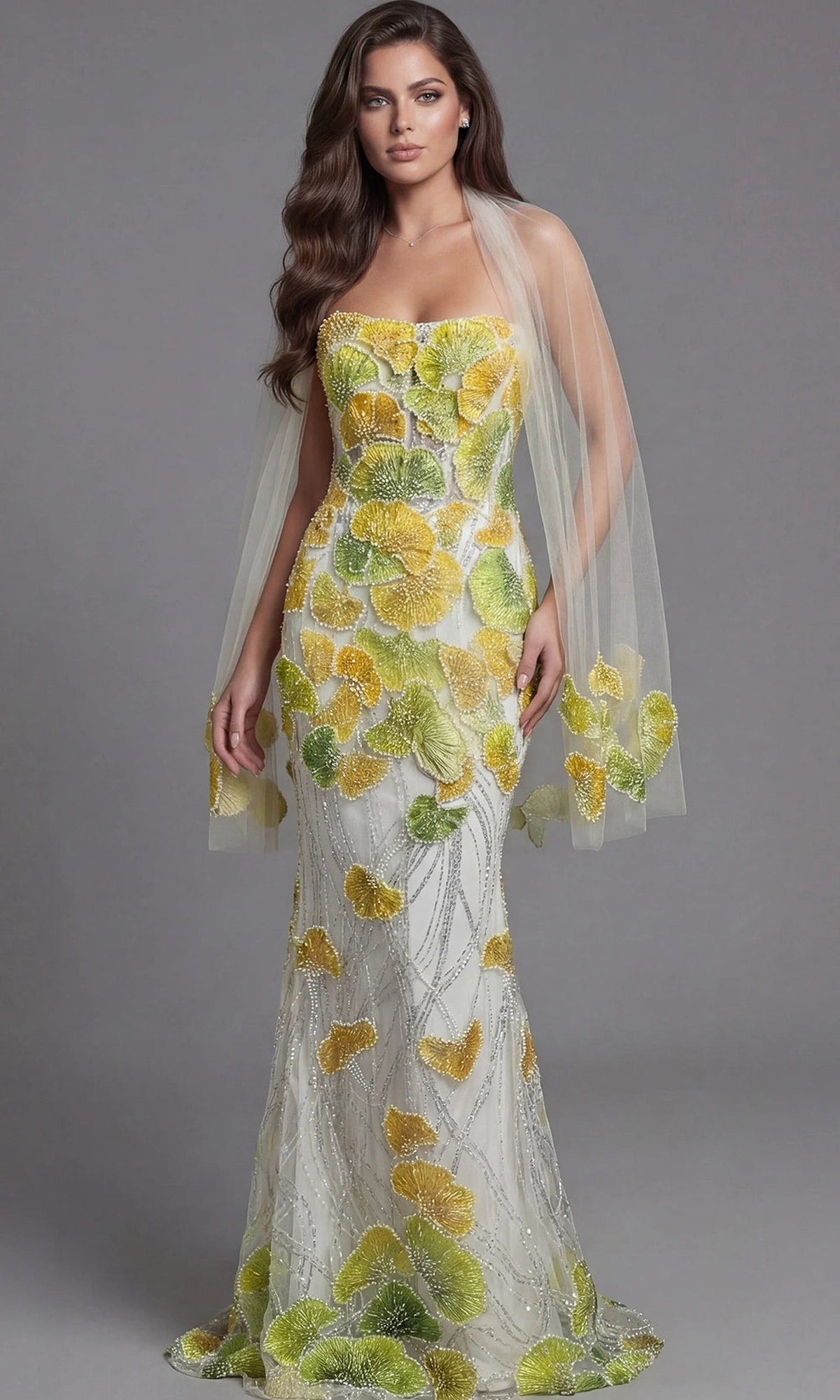 Jovani 49884 - Embroidered Tulle Fitted Strapless Gown - Yellow/Multi - Main