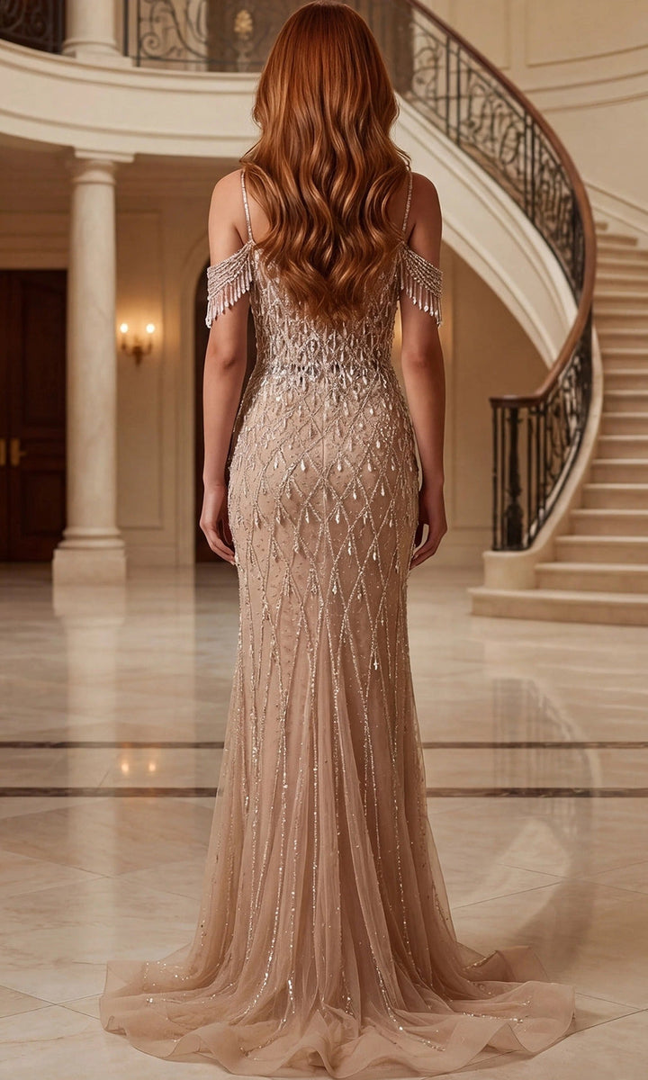 Jovani 50202 - Beaded Draped Sleeve Sheath Prom Gown