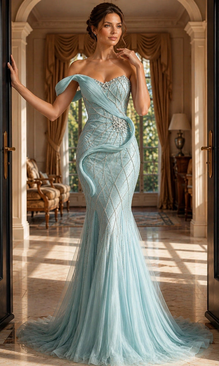 Jovani 50206 Drape Accent Beaded Mermaid Dress - Light-Blue - Main