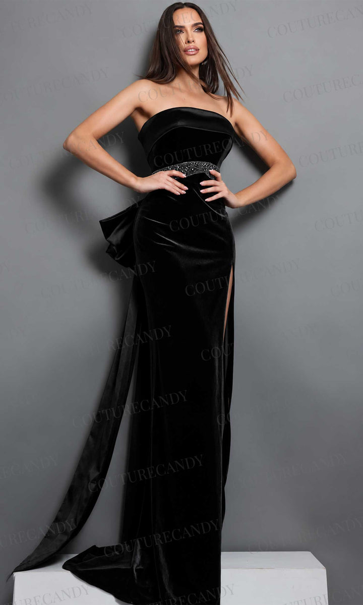 Jovani 51648 Strapless Beaded Drape Waist Velvet Dress