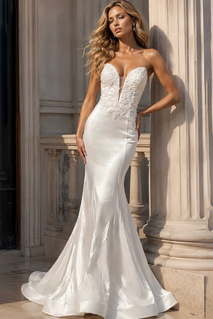 Jovani 51689 Floral Applique Mermaid Long Dress - White - Main