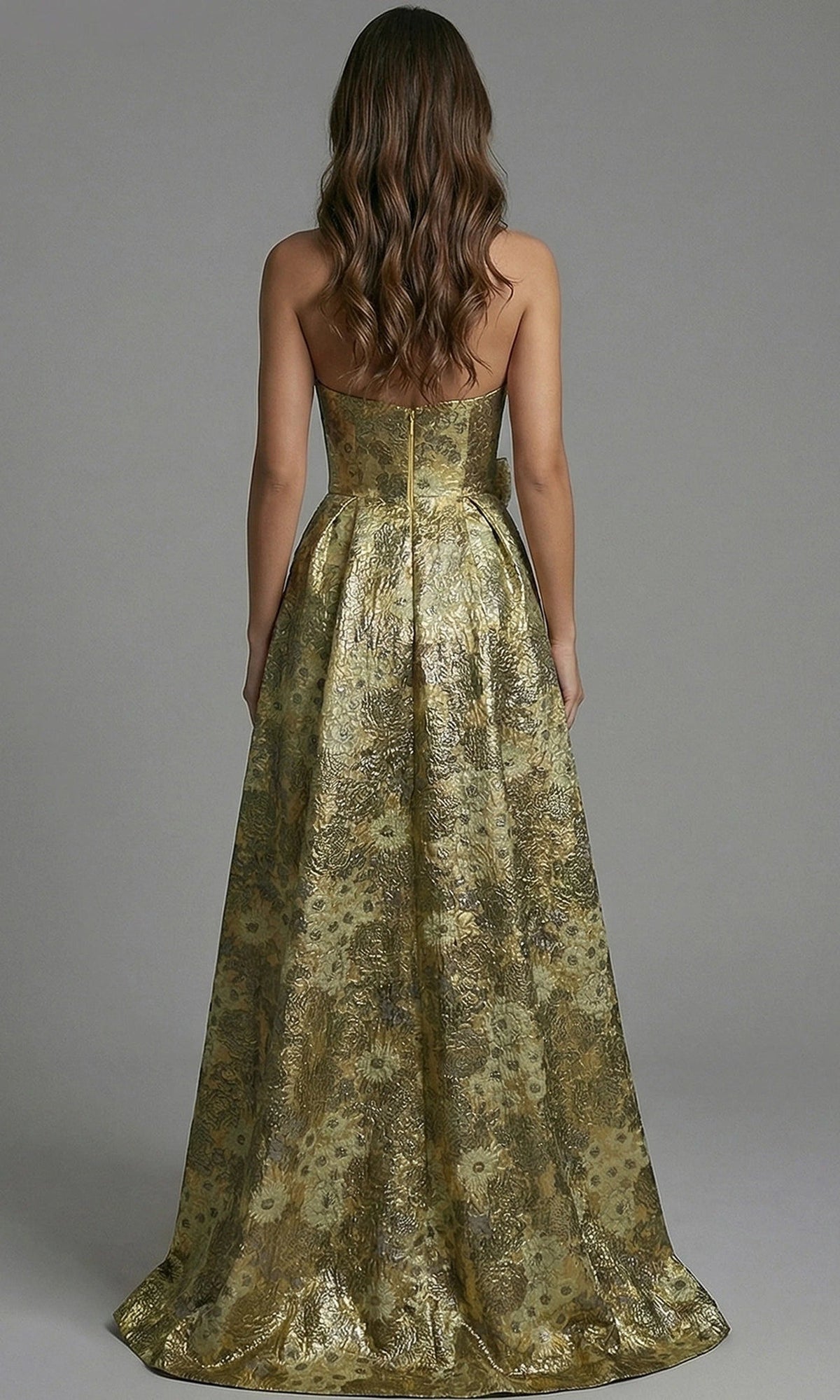 Jovani 51692 - Metallic Floral A-Line Gown with Rosette Accent