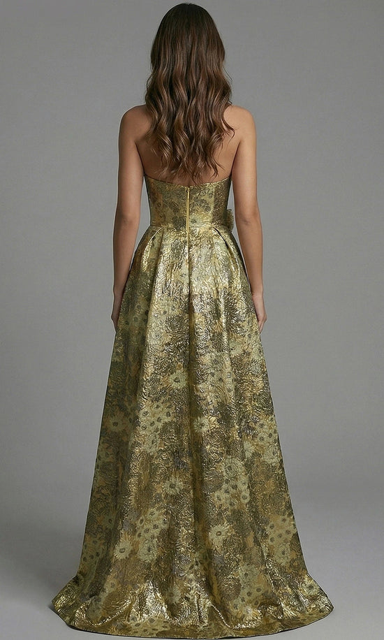 Jovani 51692 - Metallic Floral A-Line Gown with Rosette Accent