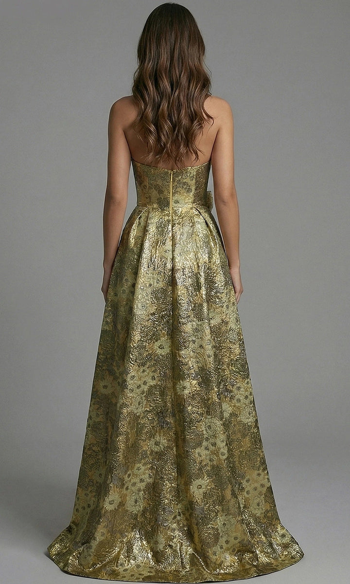Jovani 51692 - Metallic Floral A-Line Gown with Rosette Accent