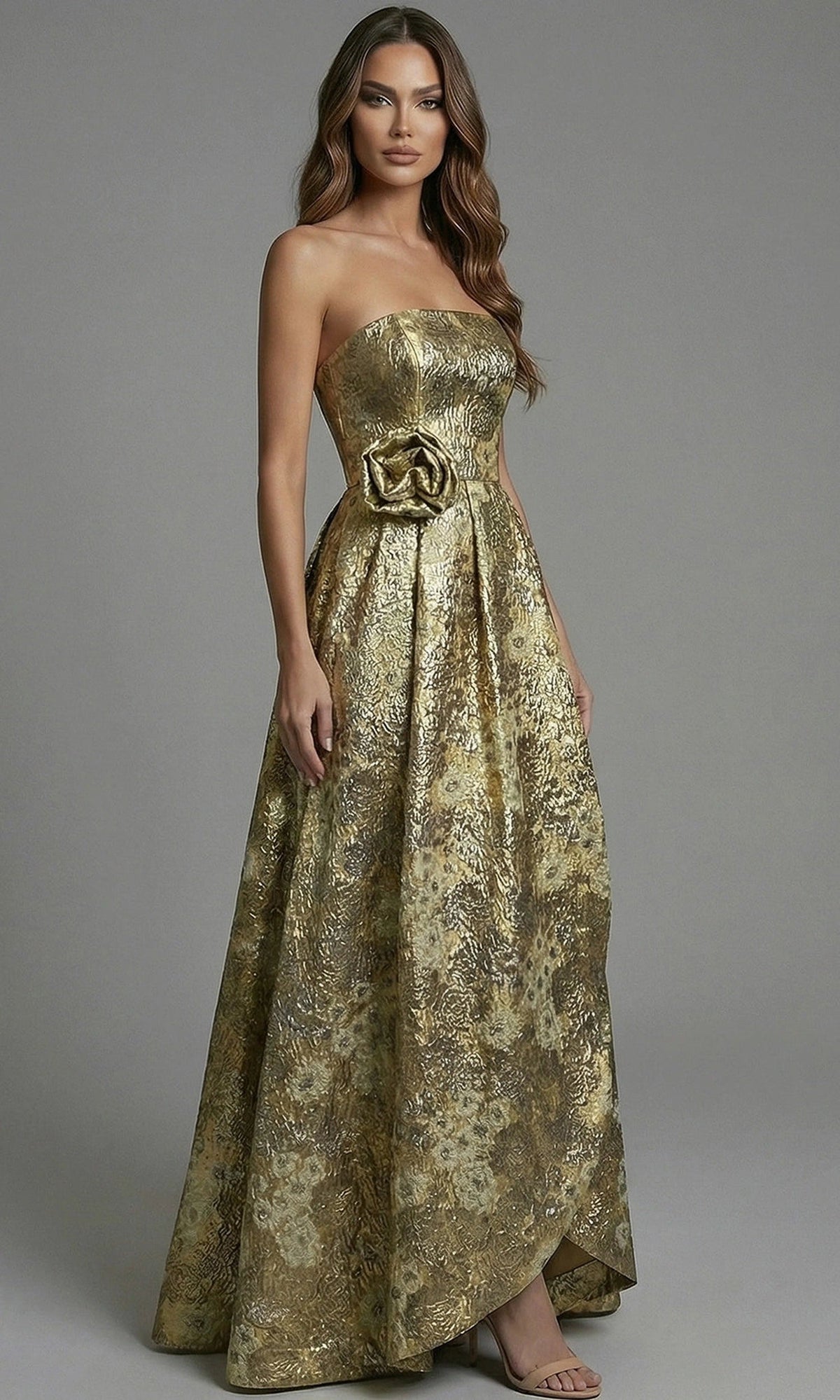 Jovani 51692 - Metallic Floral A-Line Gown with Rosette Accent - Yellow/Multi - Main