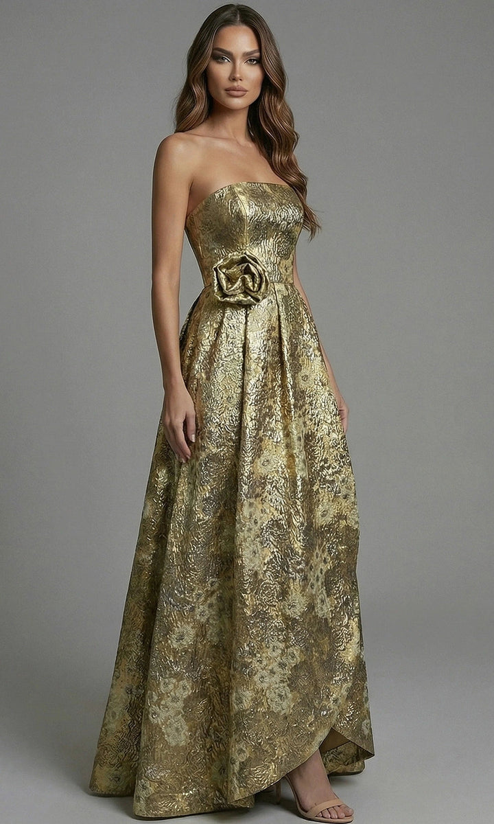 Jovani 51692 - Metallic Floral A-Line Gown with Rosette Accent - Yellow/Multi - Main
