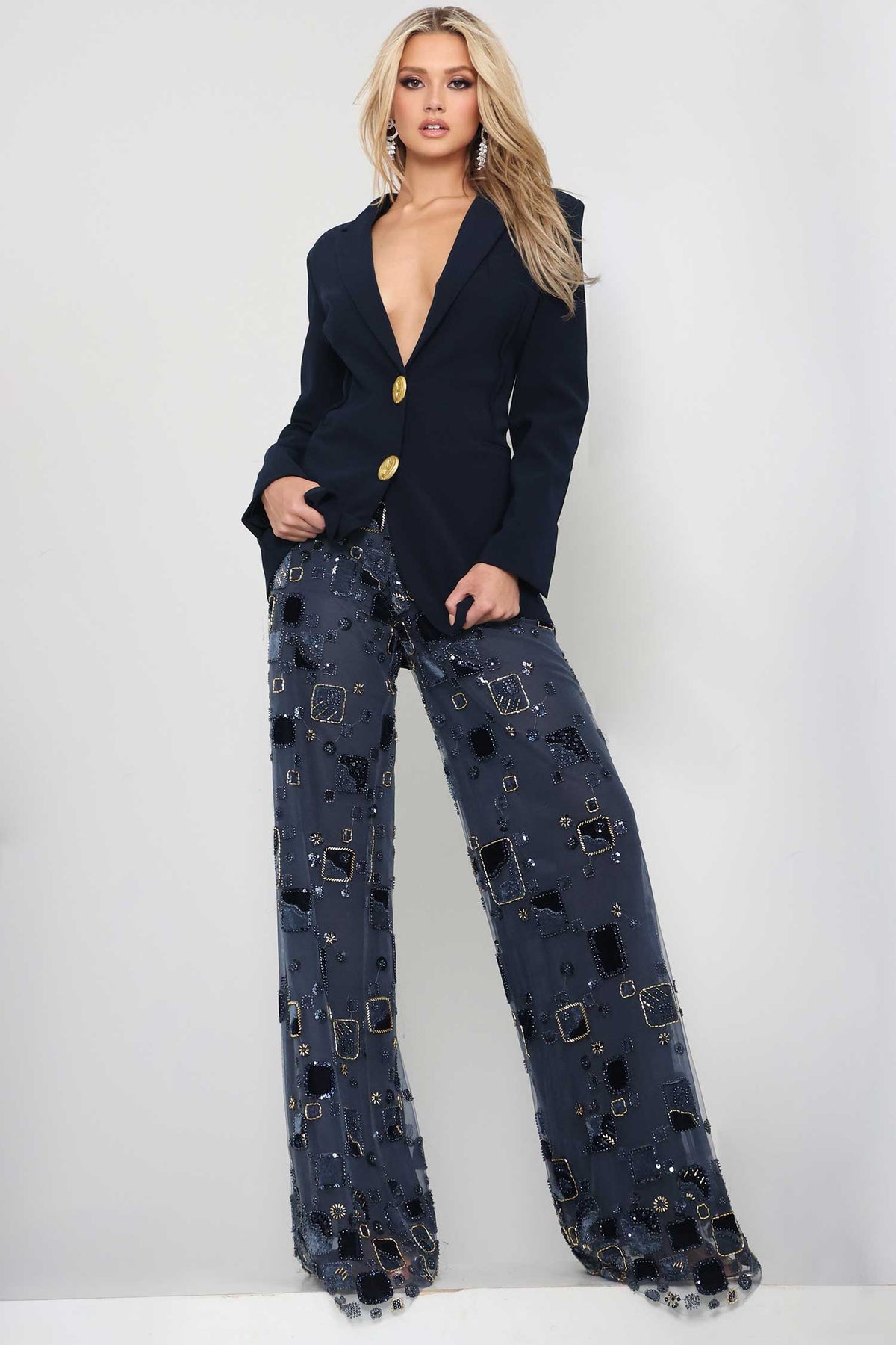 Jovani 52096 Long Sleeve Beaded Wide Leg Pantsuit - Navy - Main