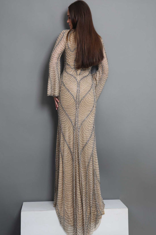Jovani 52447 Beaded Bell Sleeve Sheath Dress