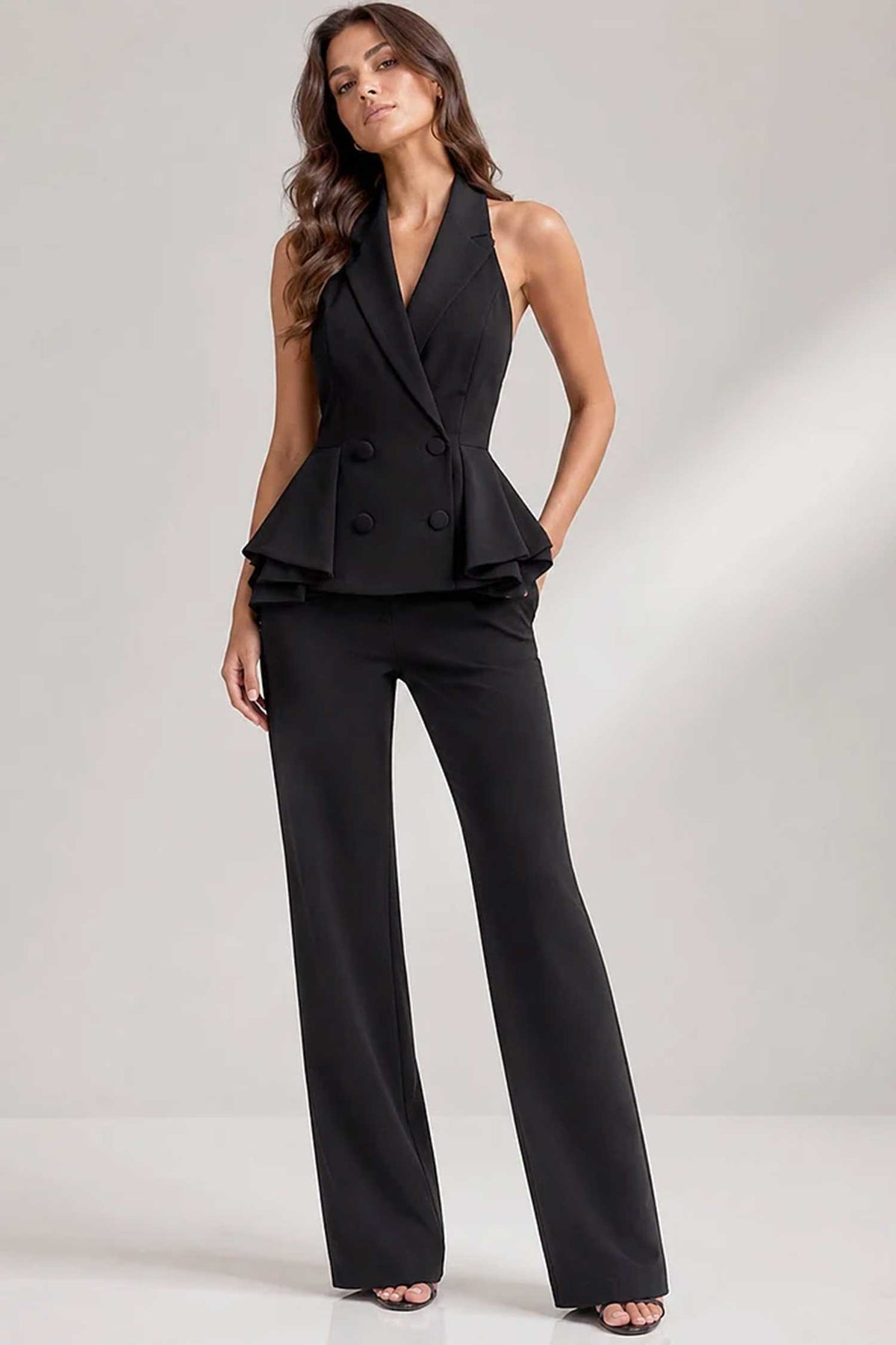 Jovani 53588 Double-Breasted Button Peplum Jumpsuit - Fuchsia - Main