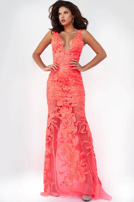 Jovani 60283 - Floral Applique Prom Gown - Tangerine - Main