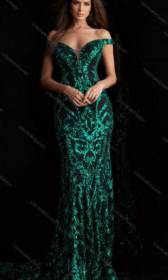 Jovani 63349 Off Shoulder Sequin Embroidered Prom Dress