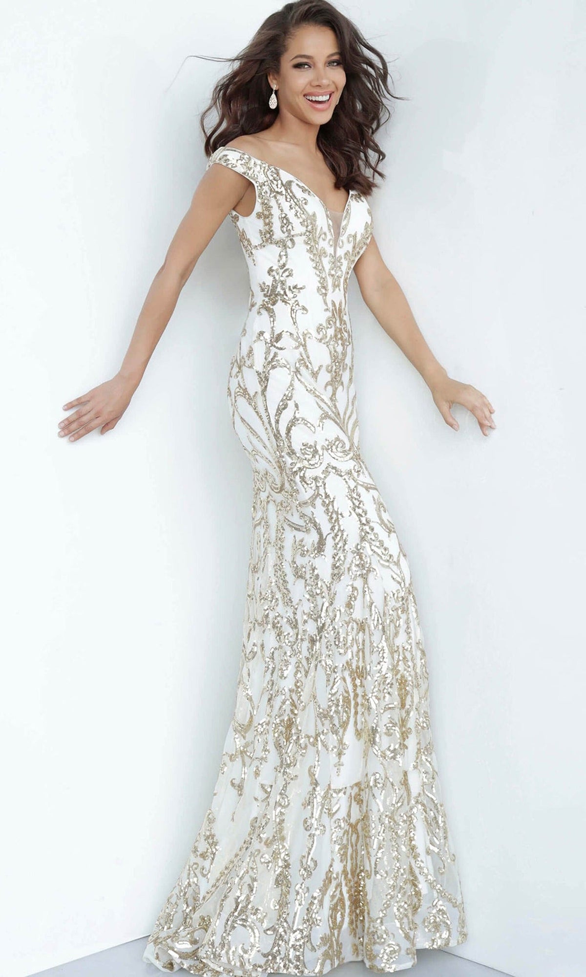 Jovani 63349 Off Shoulder Sequin Embroidered Prom Dress
