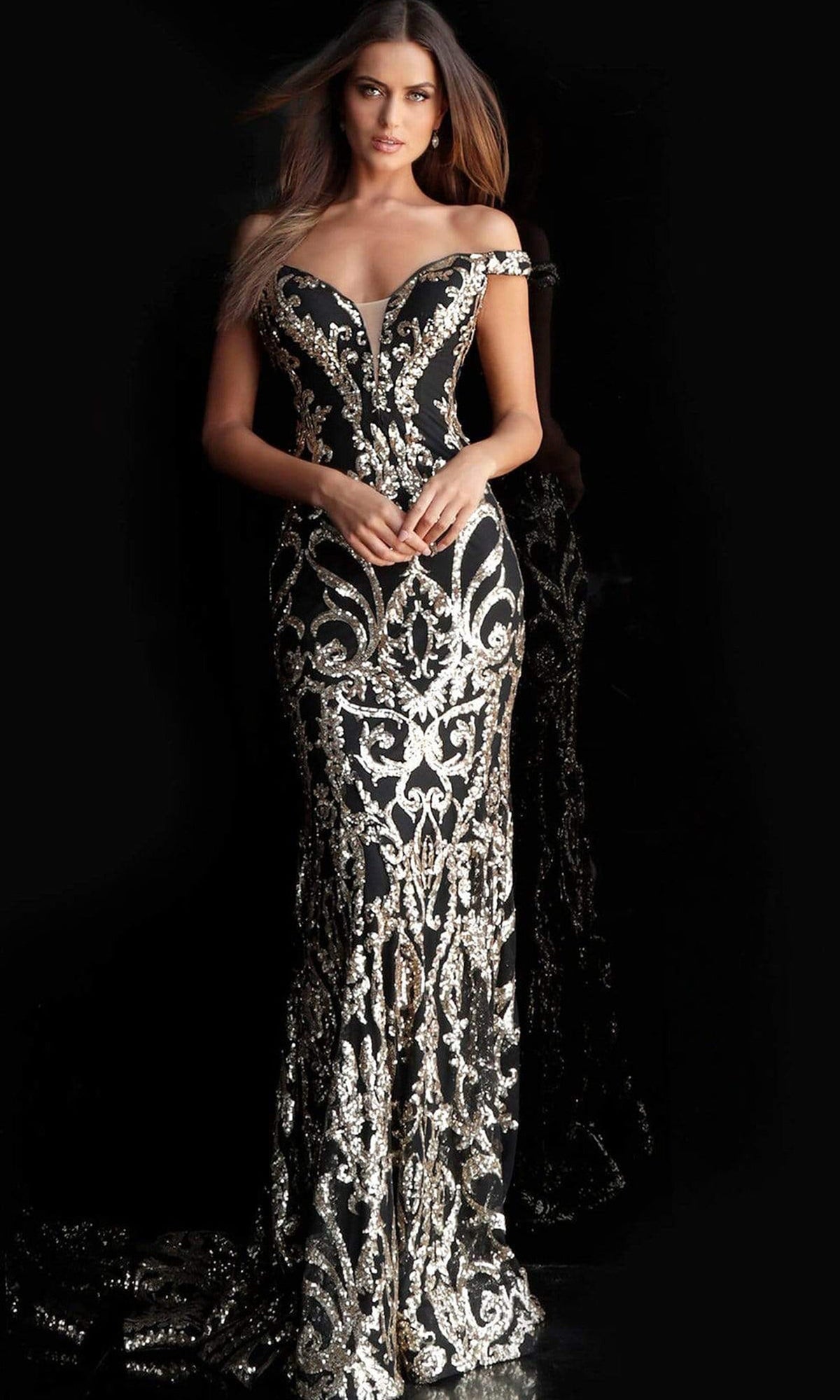 Jovani 63349 Off Shoulder Sequin Embroidered Prom Dress - Black/Gold - Main
