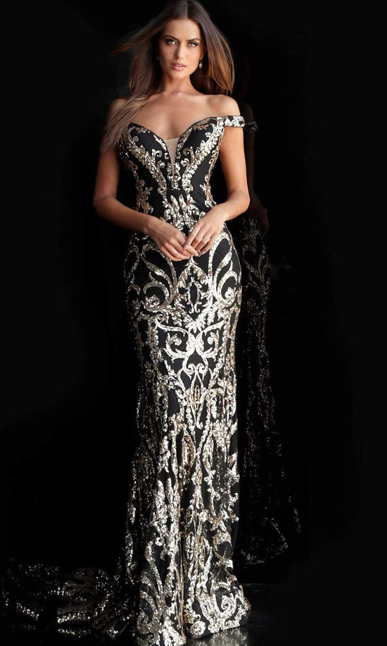 Jovani 63349 Off Shoulder Sequin Embroidered Prom Dress - Black/Gold - Main