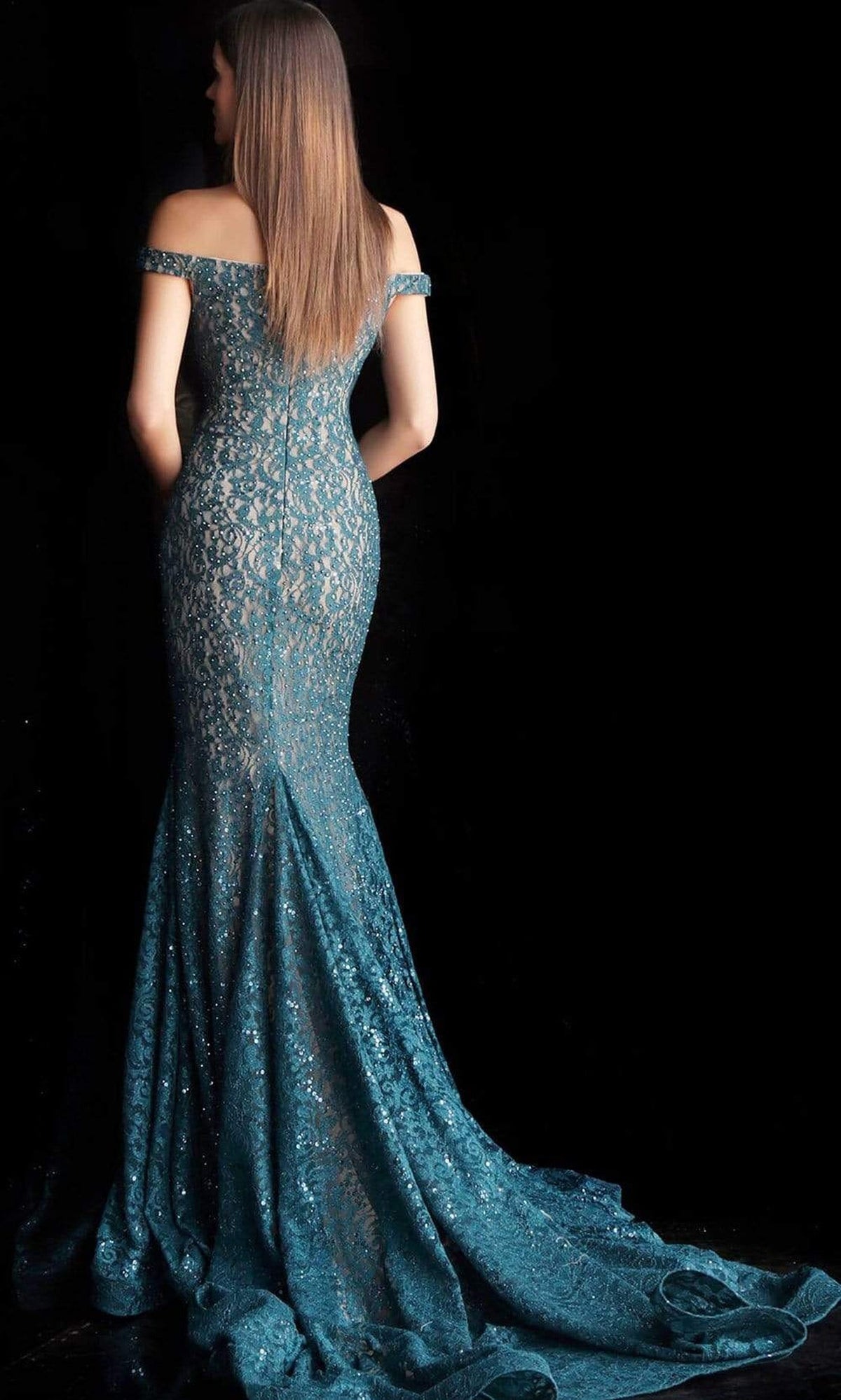 Jovani 64521 Lace Off-Shoulder Mermaid Dress With Train