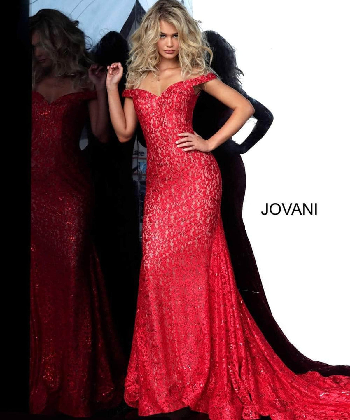 Jovani 64521 Lace Off-Shoulder Mermaid Dress With Train
