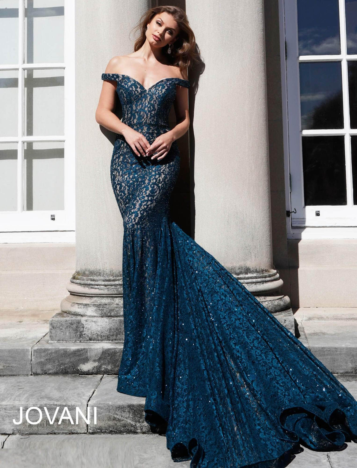 Jovani 64521 Lace Off-Shoulder Mermaid Dress With Train