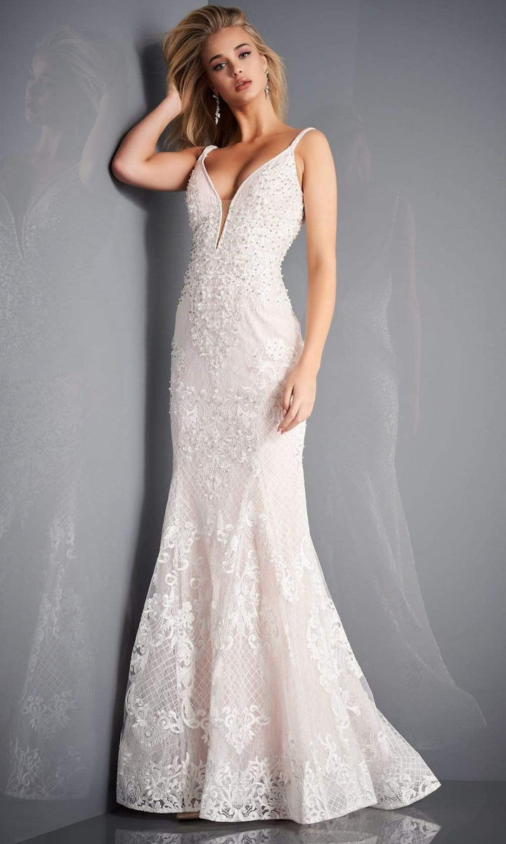 Jovani - 66792 Embroidered Deep V Neck Trumpet Dress - Off-White - Main