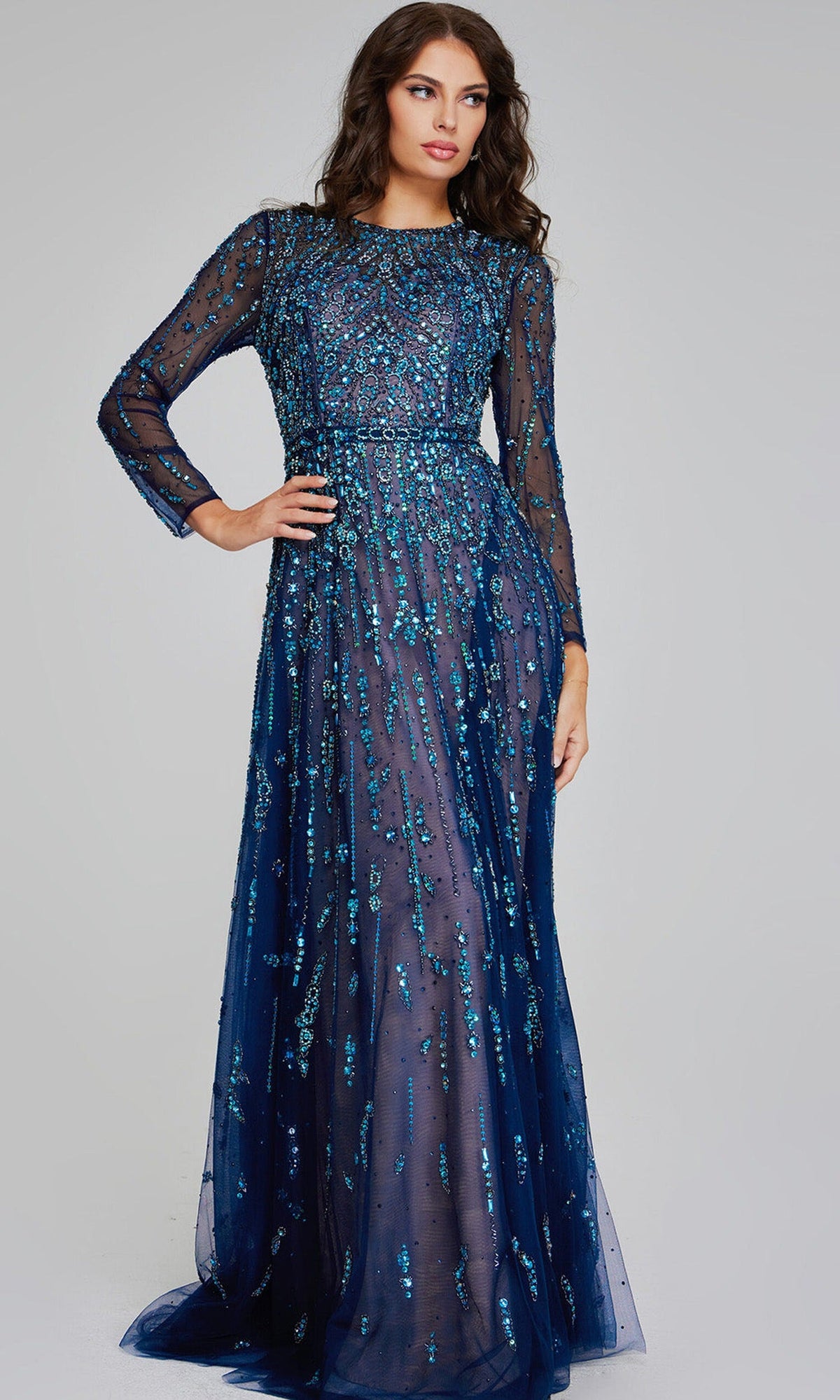 Jovani 80807 - Beaded Long Sleeve A-Line Gown - Navy - Main