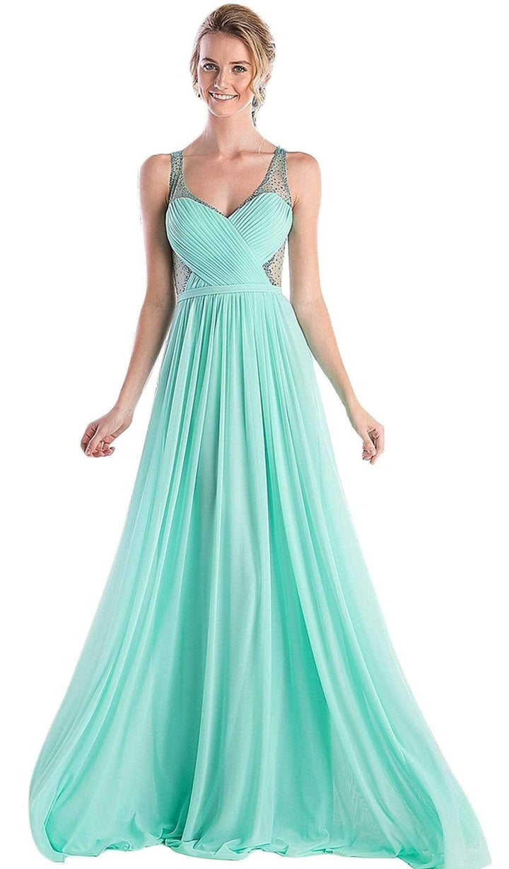 Ladivine 5061 - Crisscrossed Adorned Illusion Panel Gown - Mint - Main