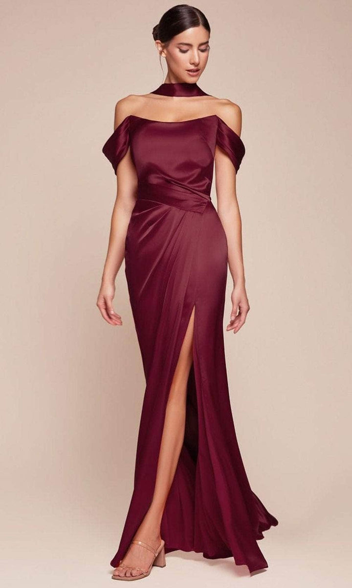 Ladivine 7452 - Satin High Slit Long Gown - Burgundy - Main