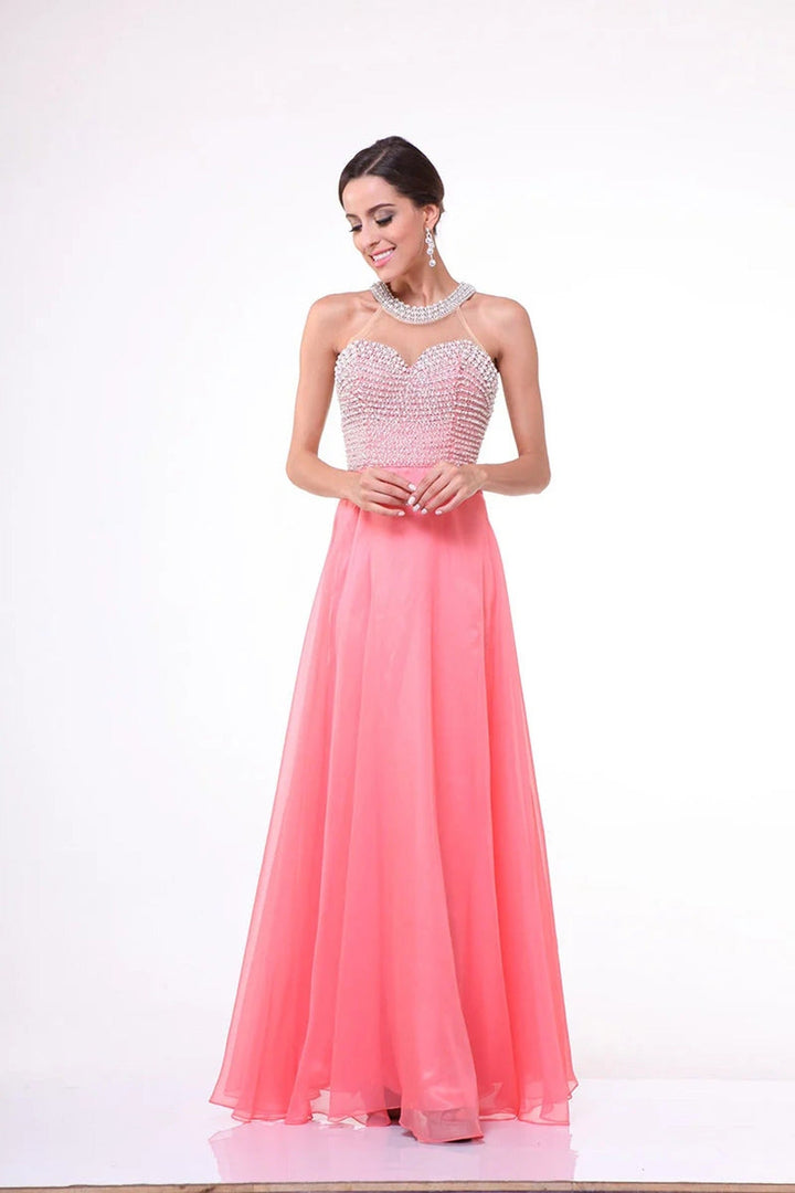 Ladivine 8107 - Pearl Adorned Bodice Chiffon Gown - Mint - Main