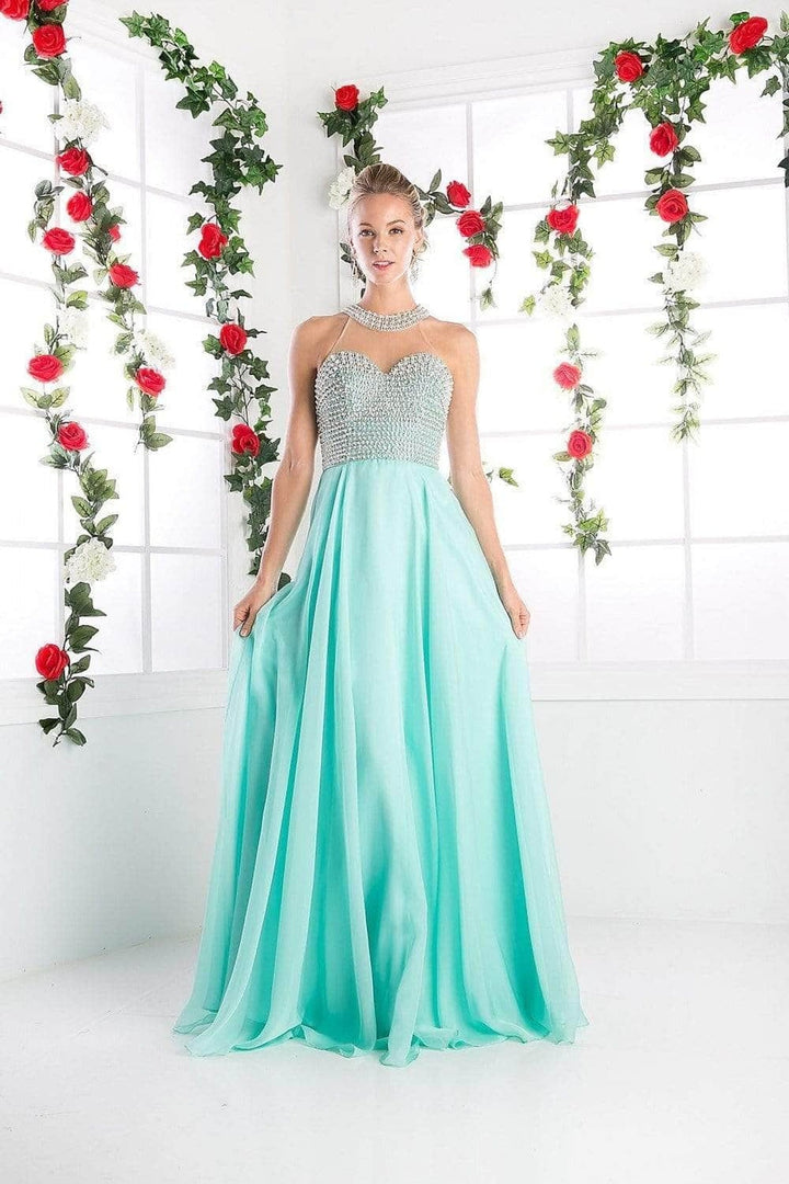 Ladivine 8107 - Pearl Adorned Bodice Chiffon Gown - Mint - Main
