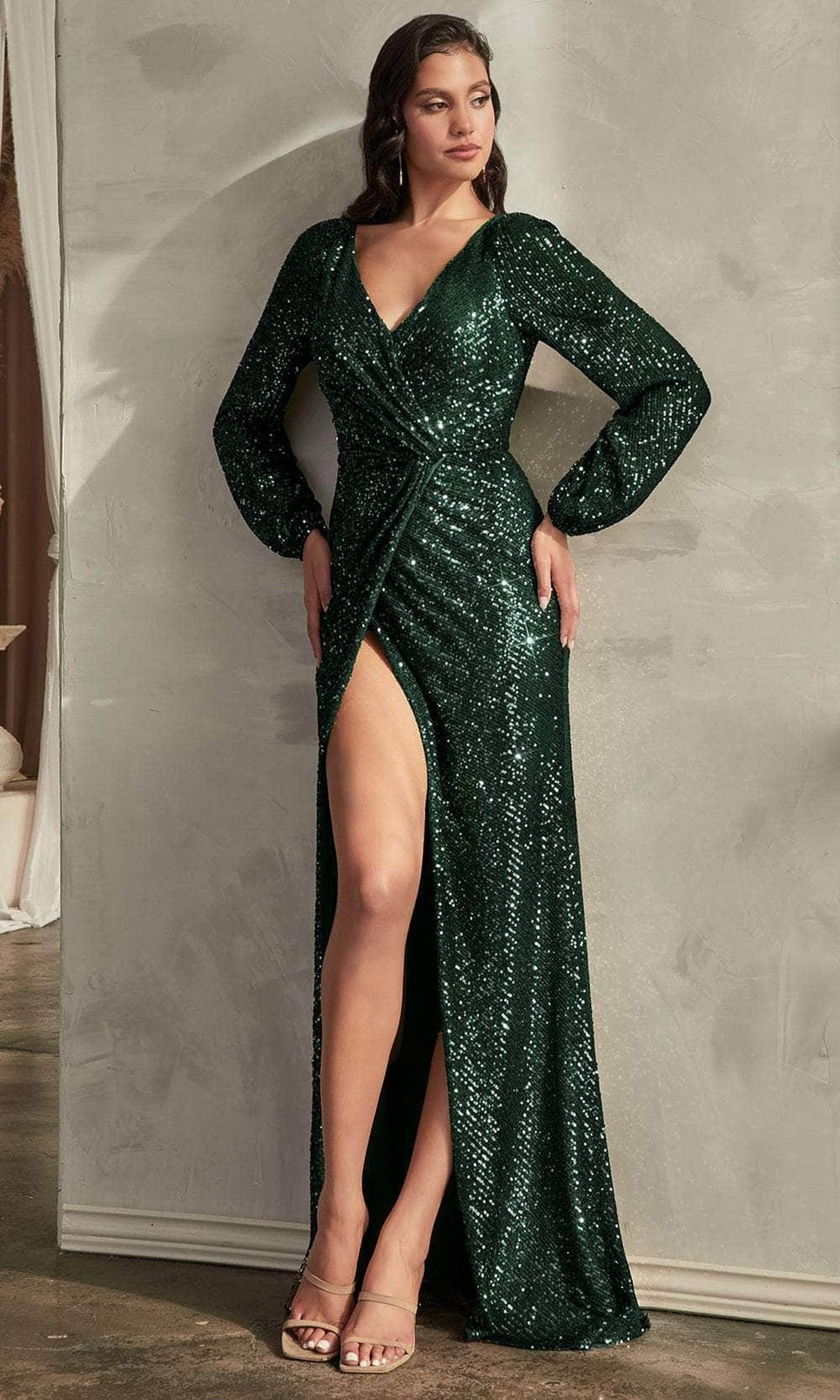 Ladivine B8422 - Sequined Faux Wrap Prom Gown