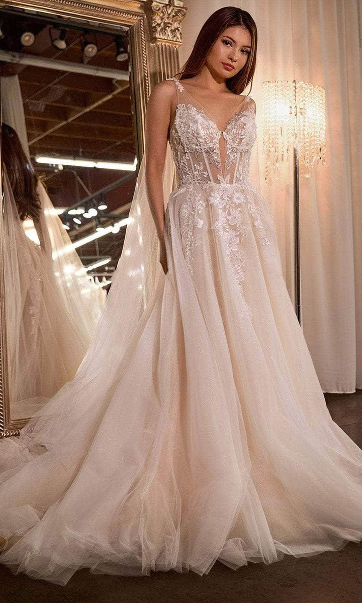 Cape A-Line Wedding Dress - Off White-Nude - Main