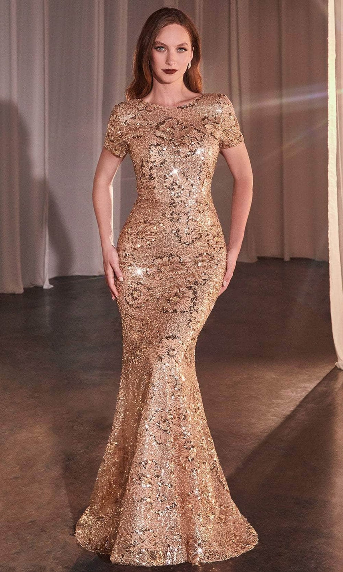 Ladivine CC3700 - Short Sleeve Sequin Print Evening Dress - Rose Gold - Main