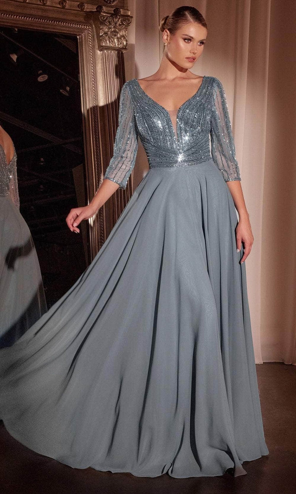 Ladivine CC446 - Beaded Plunging V-Neck Evening Dress - Smoky Blue - Main