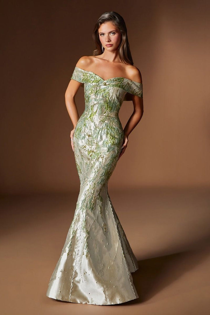 Ladivine CD0107 - Mermaid Metallic Jacquard Formal Dress - Green - Main
