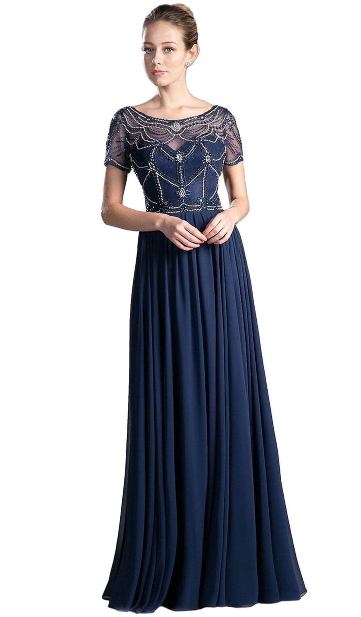Ladivine CD0123 - Jewel Beaded Short Sleeves Mother of the Bride Dress - Navy - Main