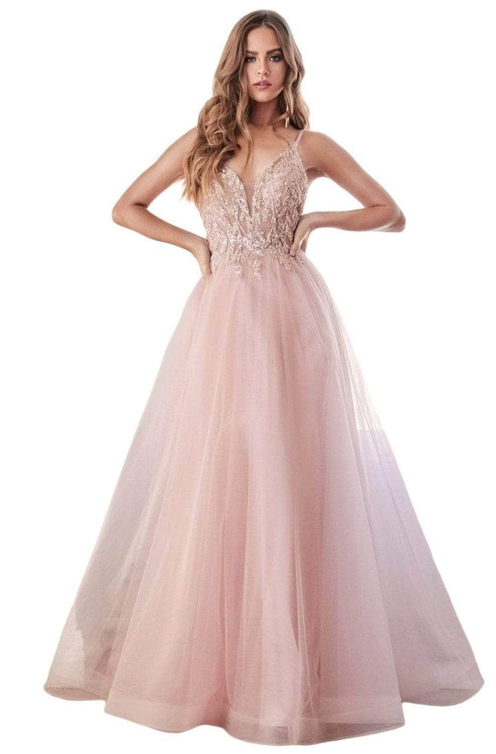 Ladivine CD0154 - Plunging Beaded A-Line Junior Prom Gown - Smoky Blue - Main
