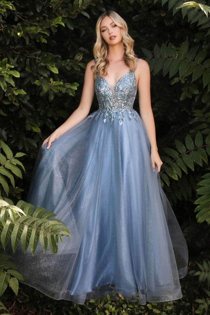 Ladivine CD0154 - Plunging Beaded A-Line Junior Prom Gown - Smoky Blue - Main