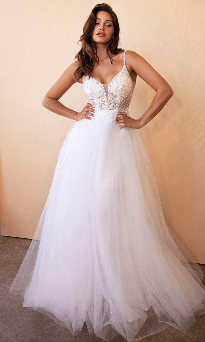 Ladivine CD0195W - Floral Lace Layered Tulle Wedding Gown - White/White/Shiny Wt - Main