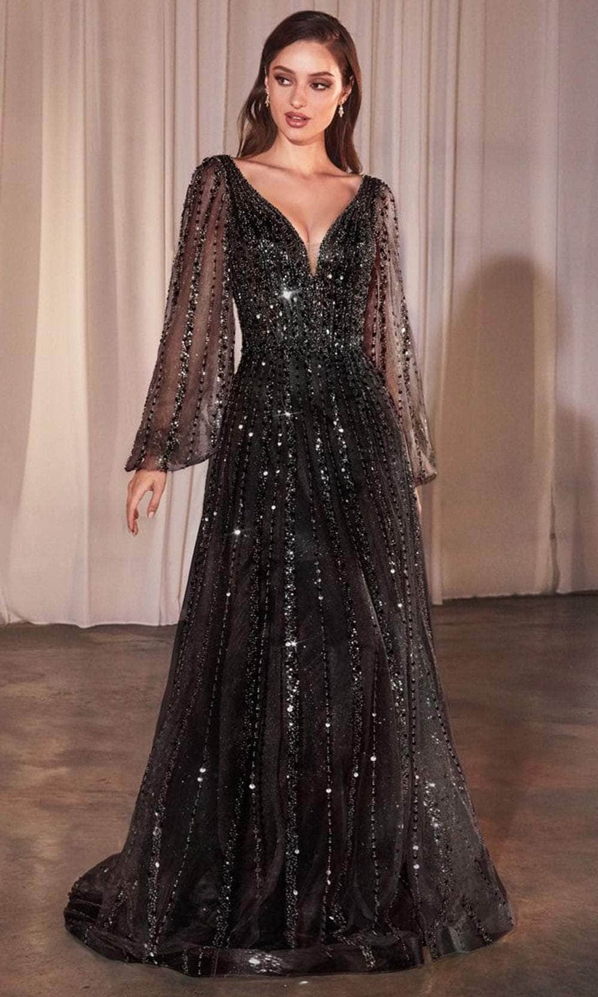 Ladivine CD0240 - Sheer Bishop Sleeve Evening Gown - Greenery - Main