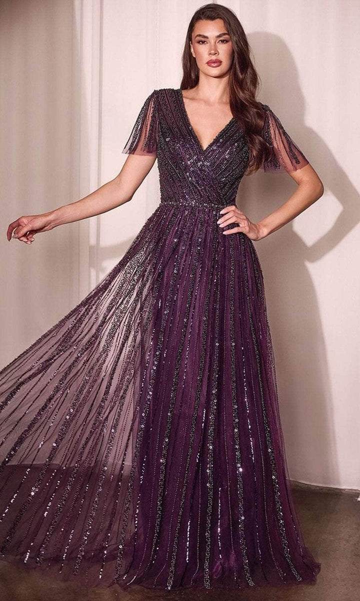 Ladivine CD0241 Surplice V-Neck Dress - Eggplant - Main