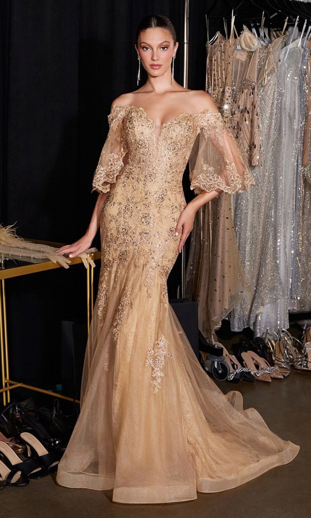 Ladivine CD659 - Bell Sleeve Embroidered Lace Prom Gown - Gold - Main