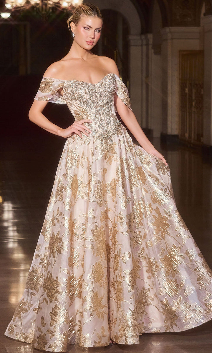 Ladivine CD682 - Off Shoulder Floral Jacquard Ballgown - Gold - Main