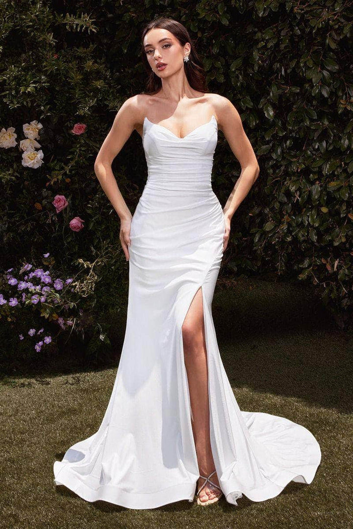 Ladivine CD791W - Strapless Fitted Satin Wedding Dress - Off White - Main