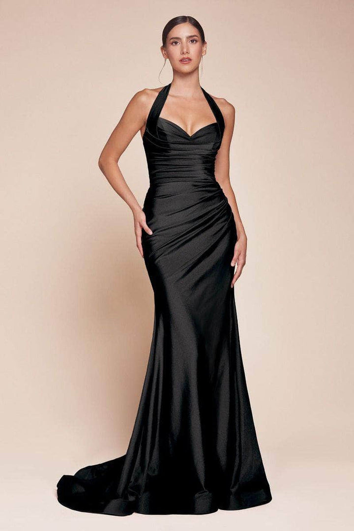 Ladivine CD796C - Ruched Halter Long Gown - Burgundy - Main
